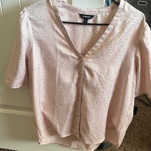 Express Light Pink Satin Leopard-Print Button Front Blouse
